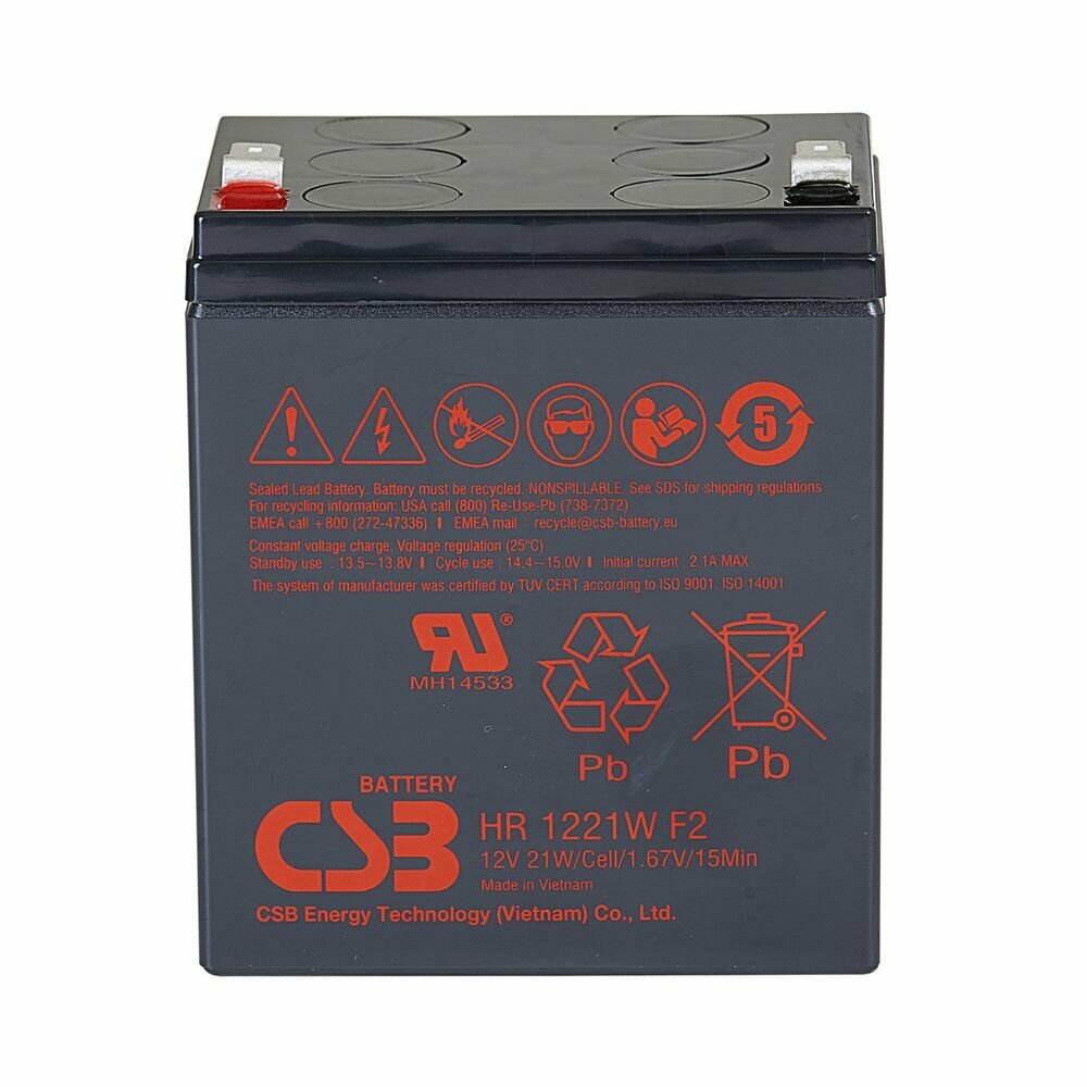 Батарея CSB серия GP HR1221W F2 напряжение 12В емкость 5Ач (разряд 20 часов) 21 Вт/Эл при 15-мин. разряде до U кон. - 1.67 В/Эл при 25 °С макс. ток разряда (5 сек.) 90А ток короткого замыкания 249А макс. ток заряда 2.1A свинцово-кислотная типа AGM