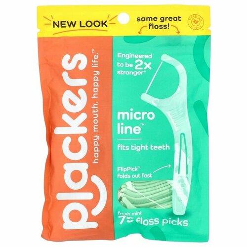 Plackers, Micro Line, зубная нить, свежая мята, 75 шт