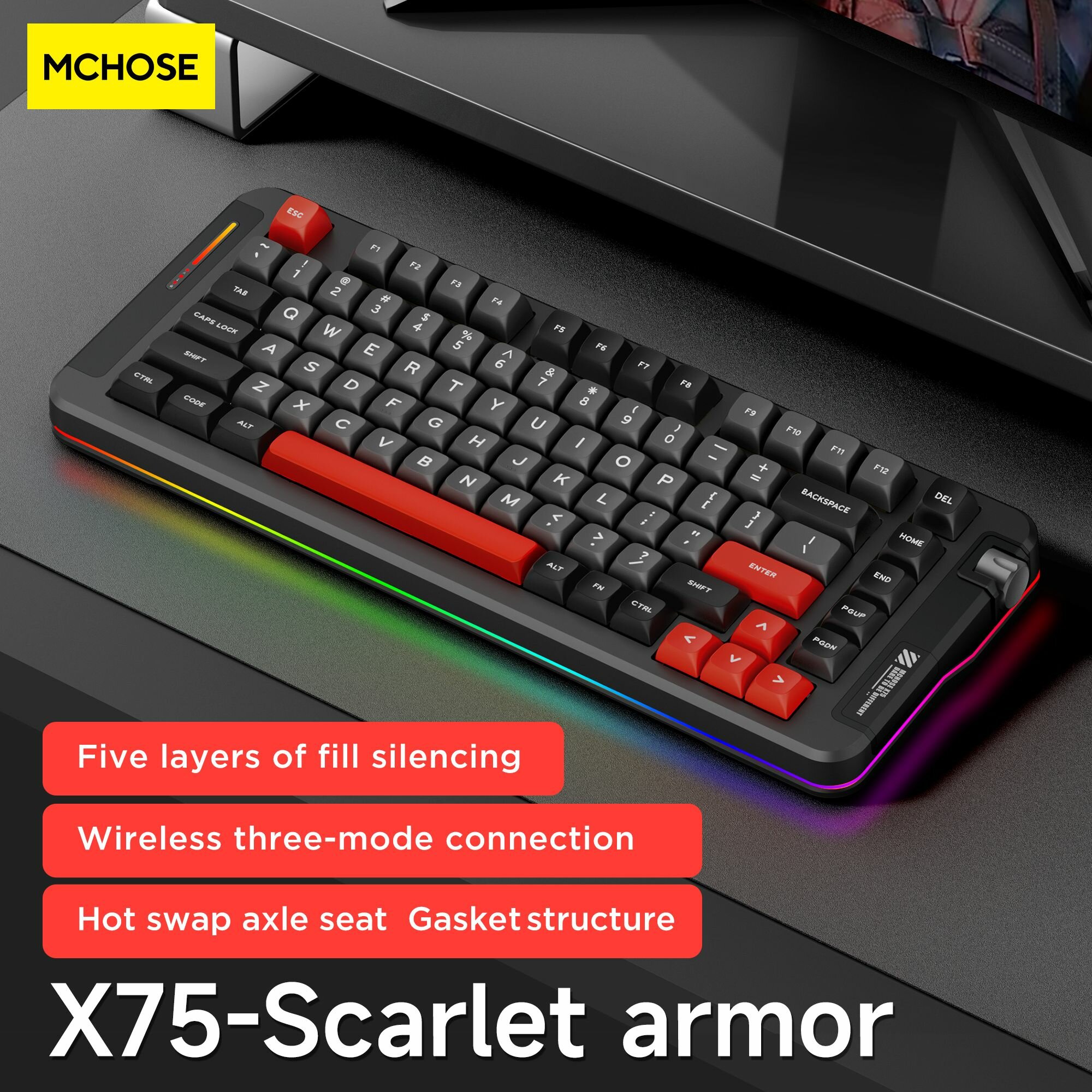 MCHOSE Игровая механическая клавиатура, X75 беспроводная (Kailh Ice Cream ), Английская раскладка, черно-серый, белый