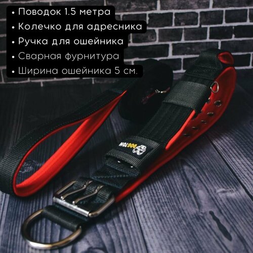 Комплект ошейник с ручкой, поводок 1.5 метра. Для собак средних и крупных пород. Ширина ошейника 5.5 см. Обхват шеи 53-65 см. Черный с красным.