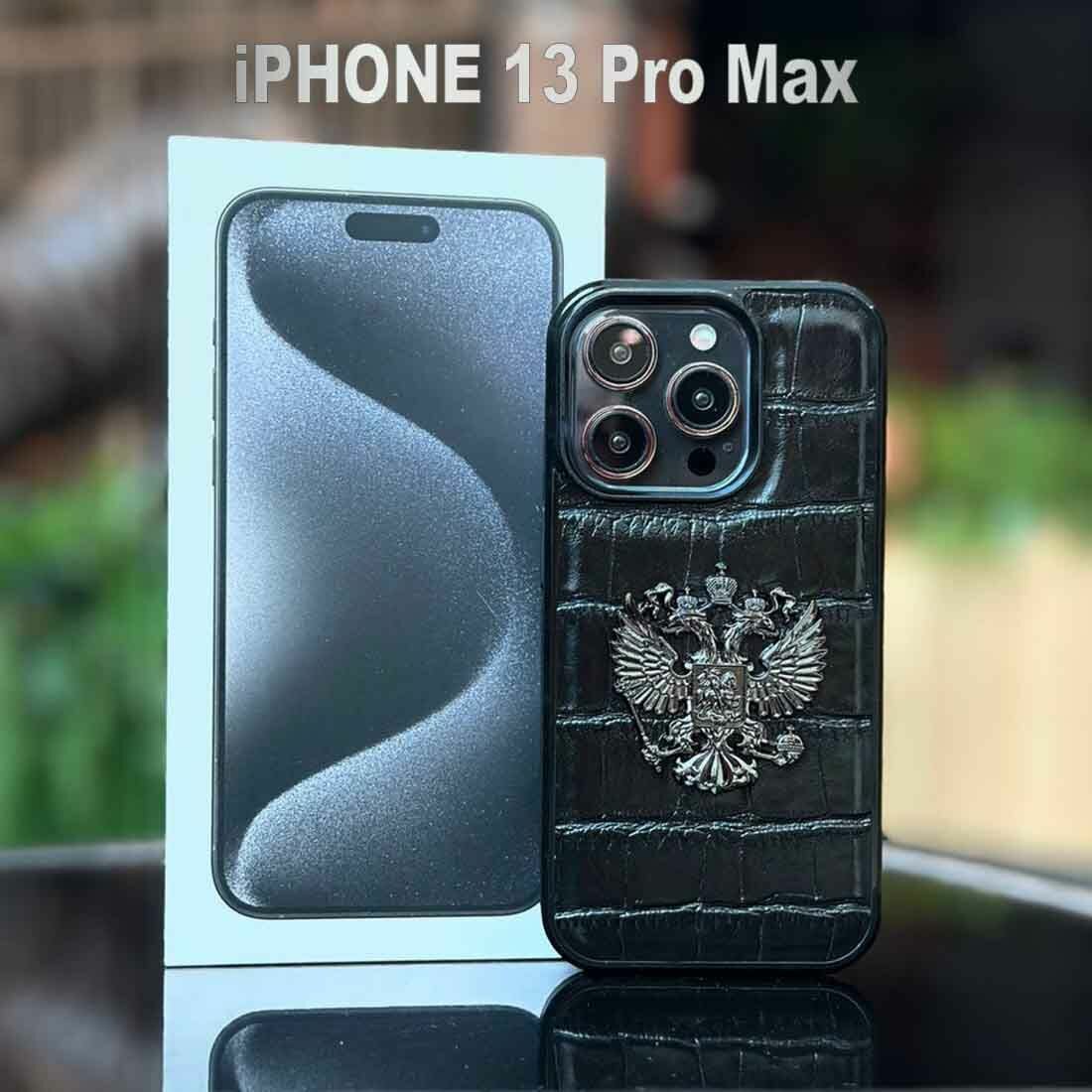 Чехол 13 Pro Max эко кожа с объемным гербом России
