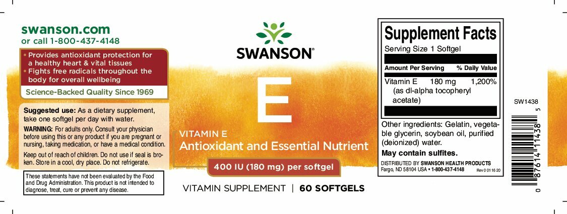 Картинки Витамины спортивные Е 400 IU (180 мг), Swanson Vitamin E, 60 капсул, для сердца, иммунитета