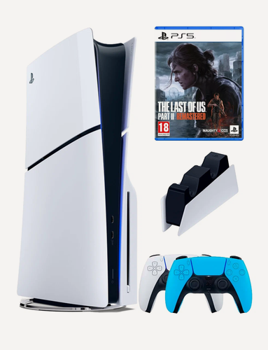 Изображение товара PS5 (ПС5) Игровая приставка Sony PlayStation 5 Slim disc + 2-й геймпад(голубой) + зарядное + игра The Last Of Us Part II REMASTERED