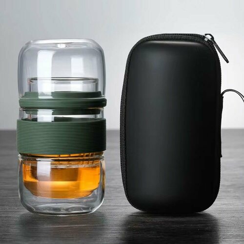 Сервиз для чайной церемонии из стекла дорожный, зеленый. Набор для чая походный на 2 персоны. Стакан с колбой стеклянный 180 мл + 2 пиал 120 мл + кейс черный