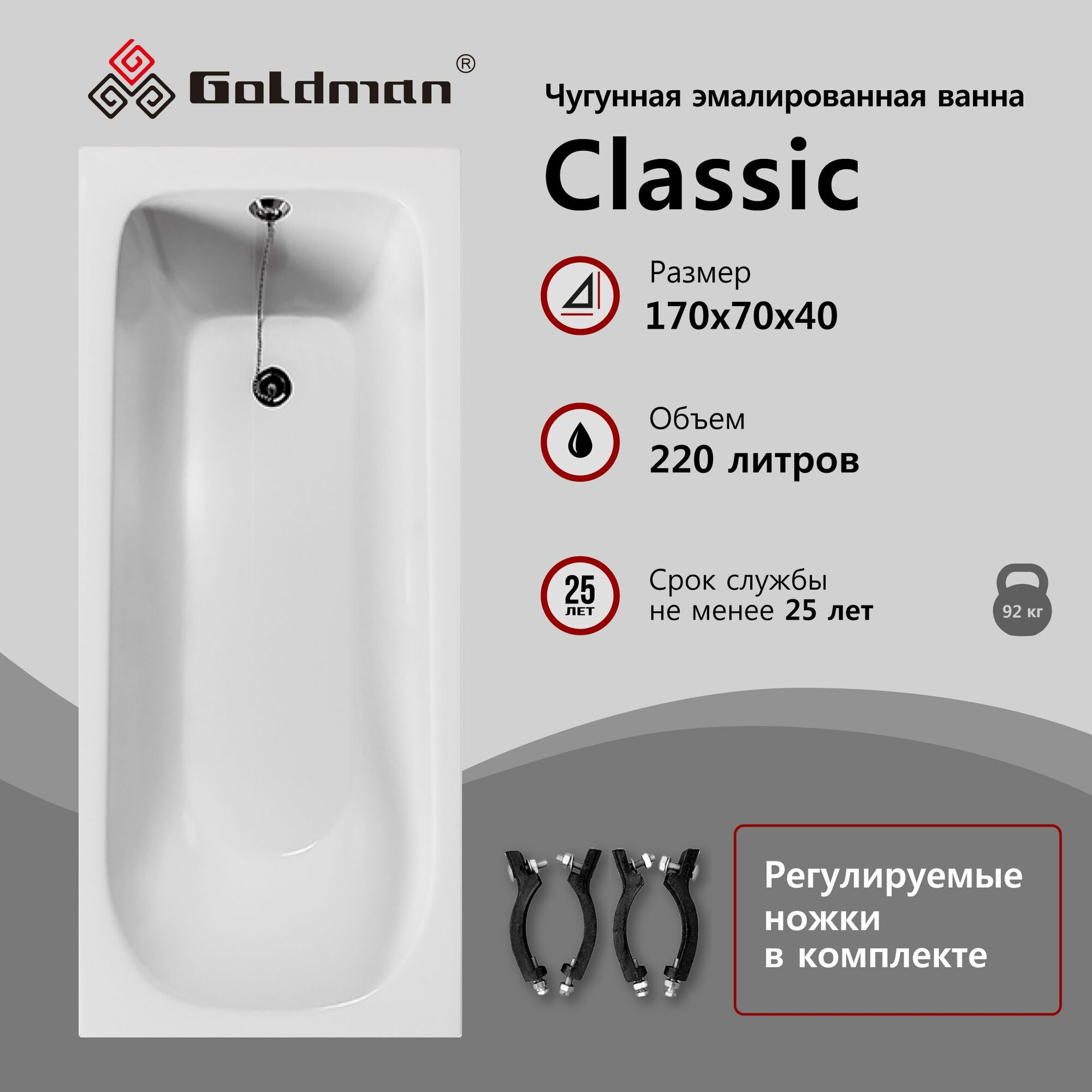 Чугунная ванна Goldman Classic 170x70x40