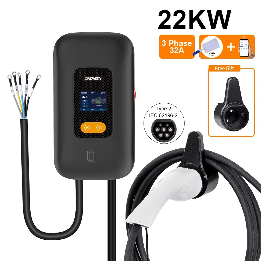 EV Wallbox 7,6 кВт/11 кВт/22 кВт для зарядки электромобиля в разъеме Type2 220 В 380 В Зарядное устройство для электромобилей 16 А 32 А с управлением через приложение, 22kw 32A 3 phase, TYPE2