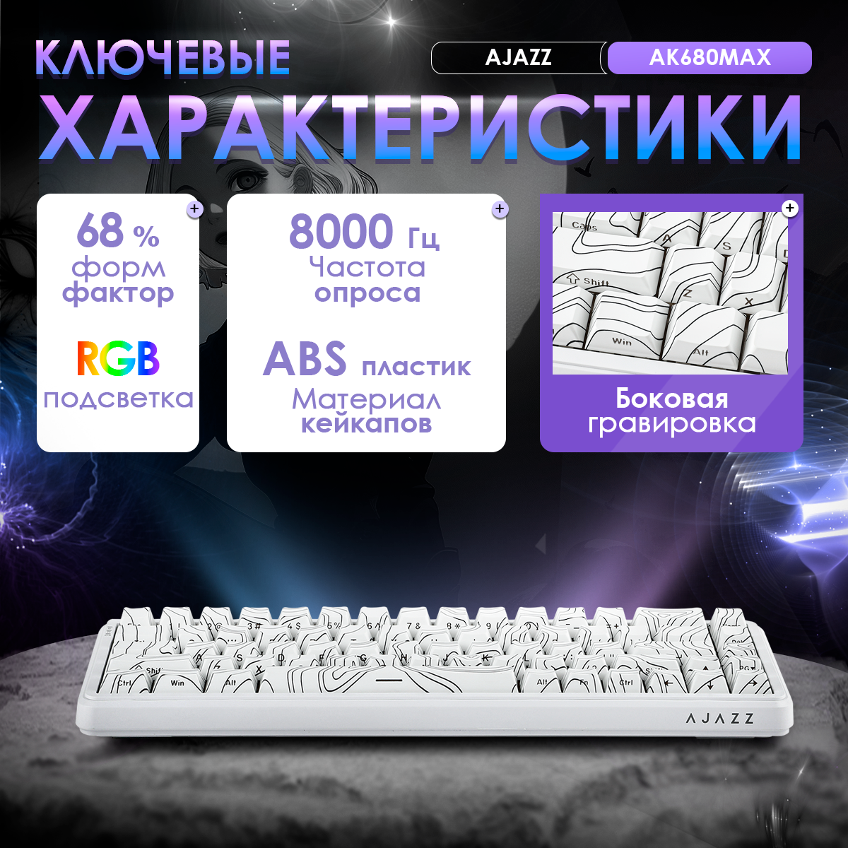 Магнитная игровая проводная клавиатура AJAZZ AK680 MAX Magnetic Grain Switch с подсветкой RGB и алюминиевым плейтом — фото 1