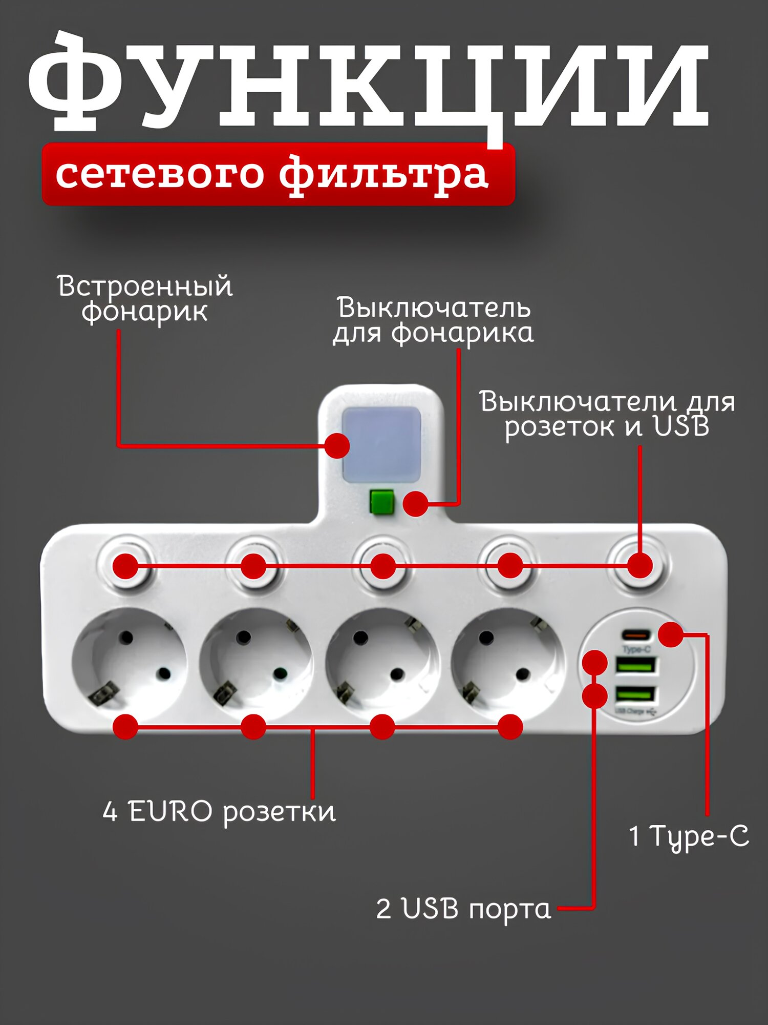 Тройник разветвитель с 4-мя розетками и 2 USB / Тройник с подсветкой и Type-C портом, белый — фото 1