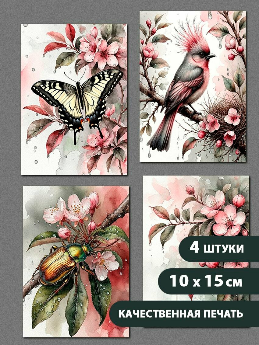 Набор открыток "Цветущая ветка яблони, акварель", 10.5 см х 15 см, 4 шт, InspirationTime, на подарок и в коллекцию