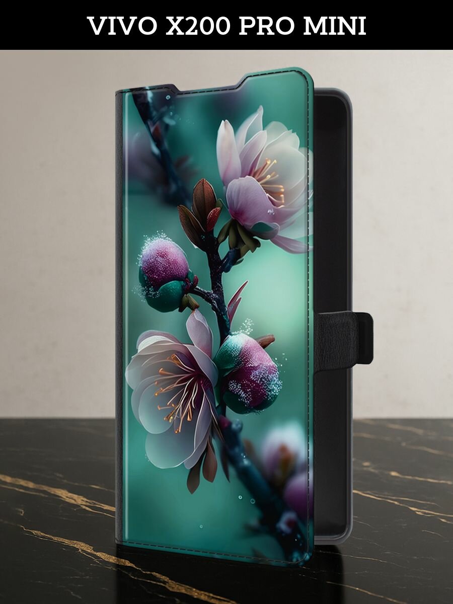 Чехол-книжка на Vivo X200 Pro mini (Виво Х200 Про мини) с картой с цветочками