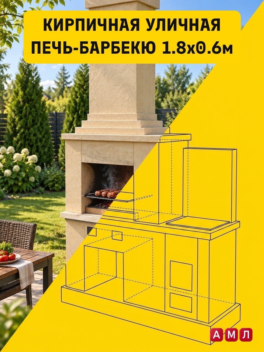Проект чертеж кирпичная уличная печь-барбекю 1,8х0,6 м с варочной плитой и дымоходом - скачать и распечатать чертежи, пошаговая и поэтапная схема сборки 3D