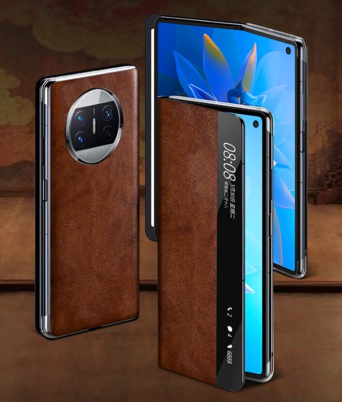 Премиальный элитный чехол-кейс MyPads Finestra del caso из натуральной кожи для Huawei Mate X3 с боковым окном коричневый