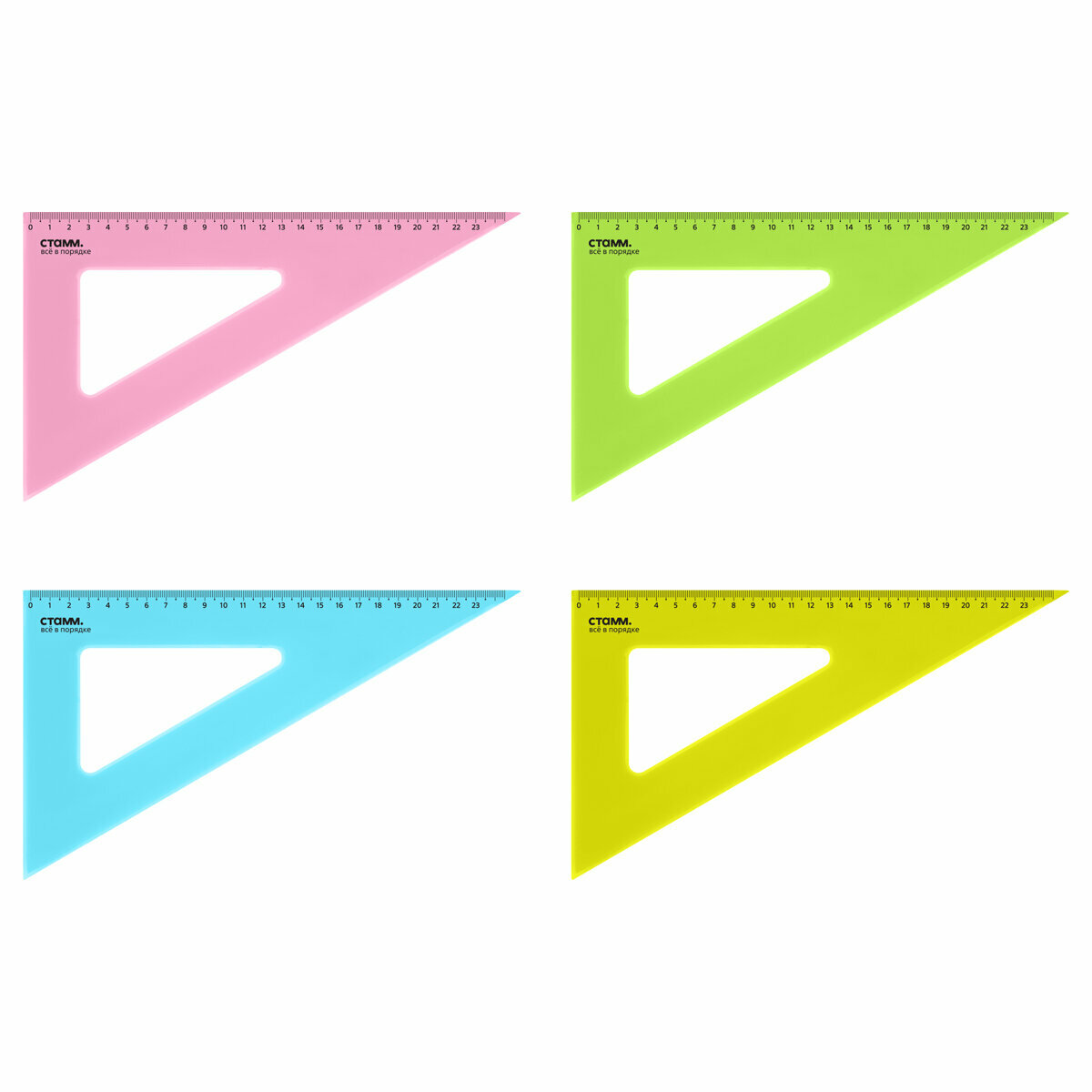 Треугольник 30°, 23см СТАММ, пластиковый, прозрачный, неоновые цвета, ассорти, 20 штук
