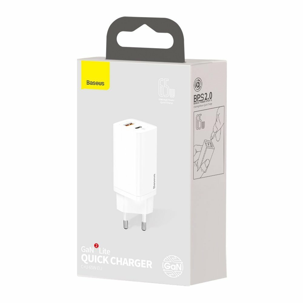 Сетевое зарядное устройство Baseus CCGAN2L-B02, Type-C+USB, GaN Lite, Quick Charger 65W, белый