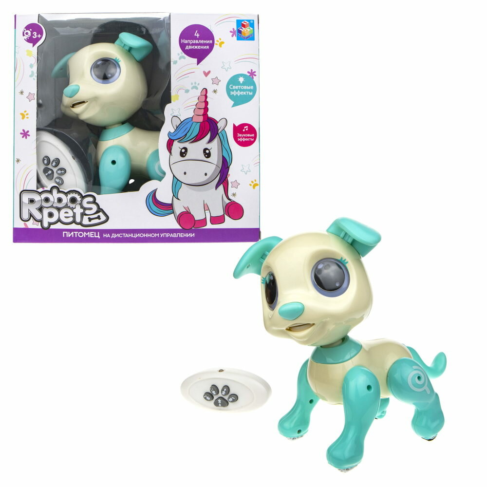 1TOY игрушка интерактивная Robo Pets Щенок бело-голубой (3*ААА бат. не входят в комплект), ИК пульт (2*ААА бат. не входят в комплект), свет, звук, движ