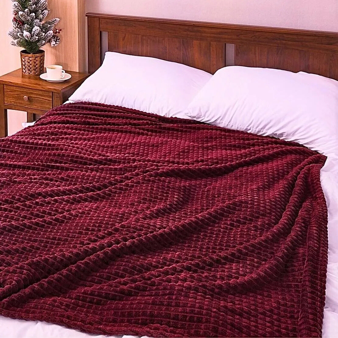 фото Плед-покрывало "Кубики" 200x220см, Бордовый, велсофт