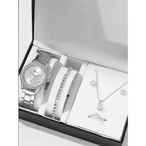 Комплект бижутерии Набор женский, кварцевые наручные часы 39 мм, браслет, ожерелье, кольцо и сережки с вставками в виде кристаллов, серебряный