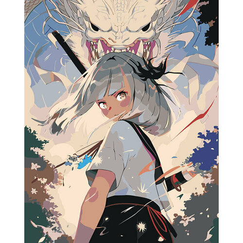 Картина по номерам Аниме девушка с катаной и белый дракон картина по номерам аниме девушка с катаной и белый дракон