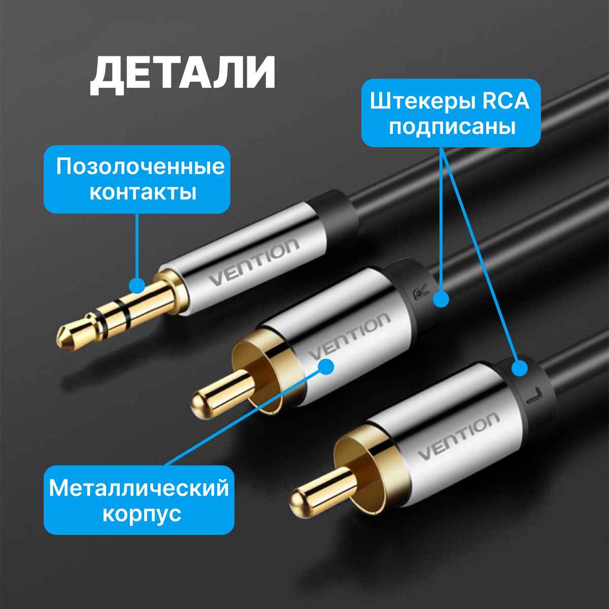 Кабель акустический Vention Jack 3,5 mm M/2RCA M - 5 м Чёрный - фото №6