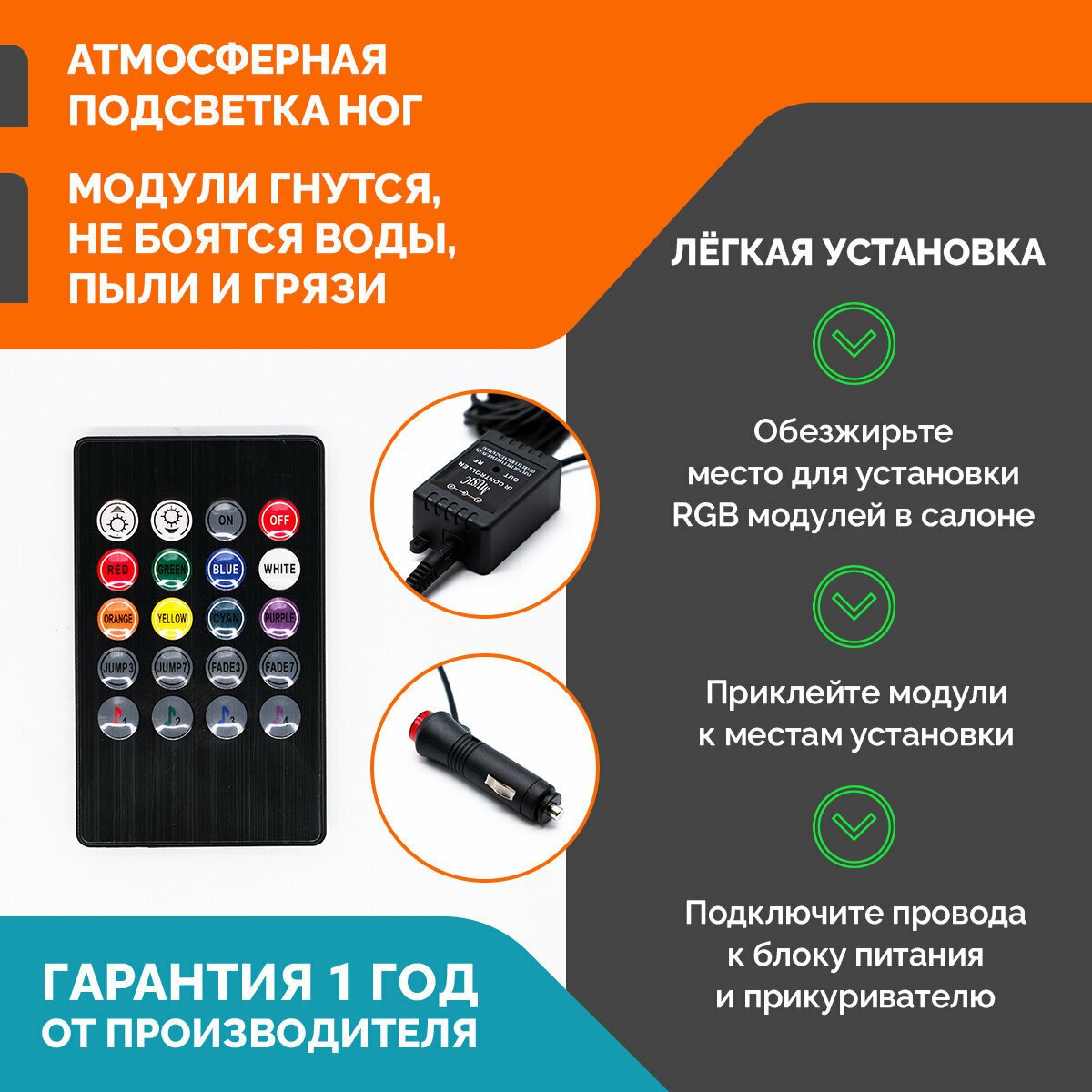 Комплект светодиодной RGB подсветки ног и салона автомобиля MYX Light с пультом дистанционного управления, 12В, 4 модуля. — фото 3