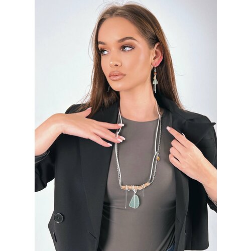 Комплект бижутерии MaRo: колье, серьги, минеральное стекло, дерево, агат, размер колье/цепочки 110 см, зеленый, бирюзовый