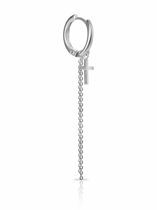 Серьги SKAZKA Natali Romanovoi одиночная сережка на одно ухо с крестом, серебро, 925 проба, родирование, размер/диаметр 11 мм, серебряный