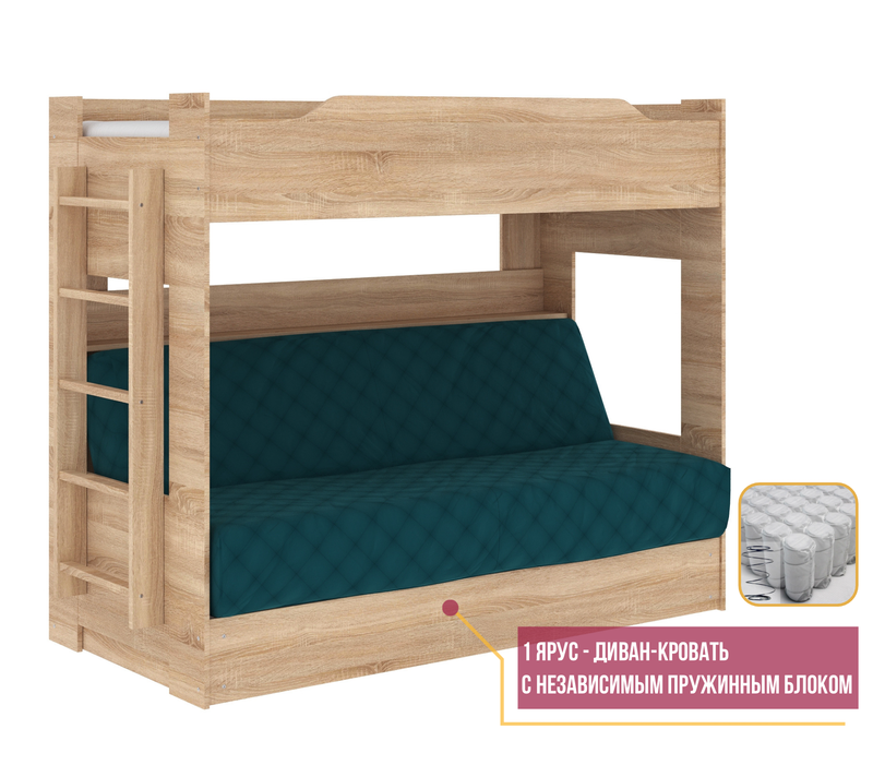 Двухъярусная кровать с диваном матрас независимый пружинный блок и со съемном чехлом Боровичи-мебель, дуб сонома, бирюза
