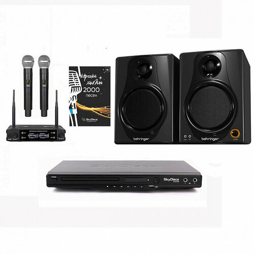 Караоке с акустикой и микрофонами SkyDisco Karaoke Home Set Music Pro 2: приставка с баллами, микрофоны, колонки 2.0, диск 2000 песен черный