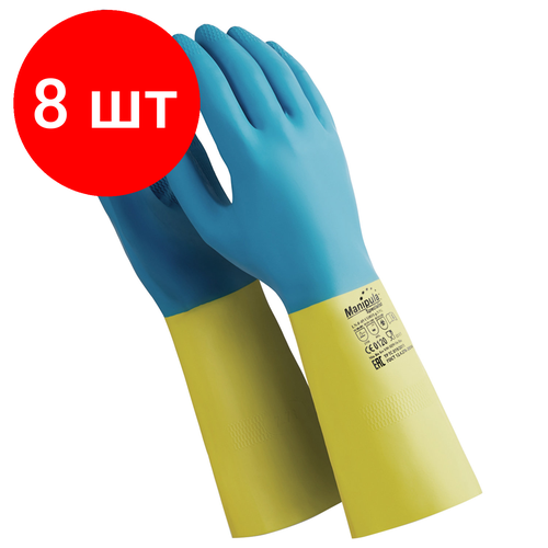 Комплект 8 шт, Перчатки латексно-неопреновые MANIPULA Союз, хлопчатобумажное напыление, размер 10-10.5 (XL), синие/желтые, LN-F-05 комплект 4 шт перчатки латексно неопреновые manipula союз хлопчатобумажное напыление размер 8 8 5 m синие желтые ln f 05