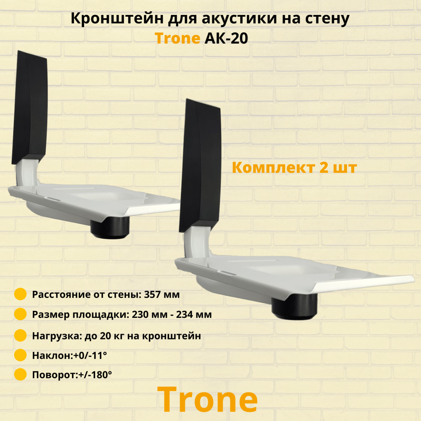 Кронштейн для акустики на стену наклонно-поворотный Trone АК-20 комплект 2шт, белый