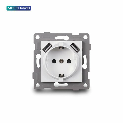 Розетка с заземлением, шторками и 2 USB, белая