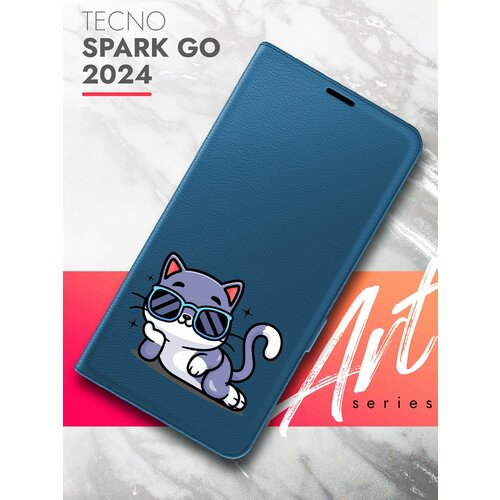 Чехол на Tecno Spark Go 2024 (Техно Спарк Гоу 2024) синий книжка эко-кожа с функцией подставки и магнитами Book Case, Brozo (принт) Котик в очках чехол на tecno spark go 2024 техно спарк гоу 2024 зеленый опал книжка эко кожа с функцией подставки и магнитами book case brozo принт котик спит