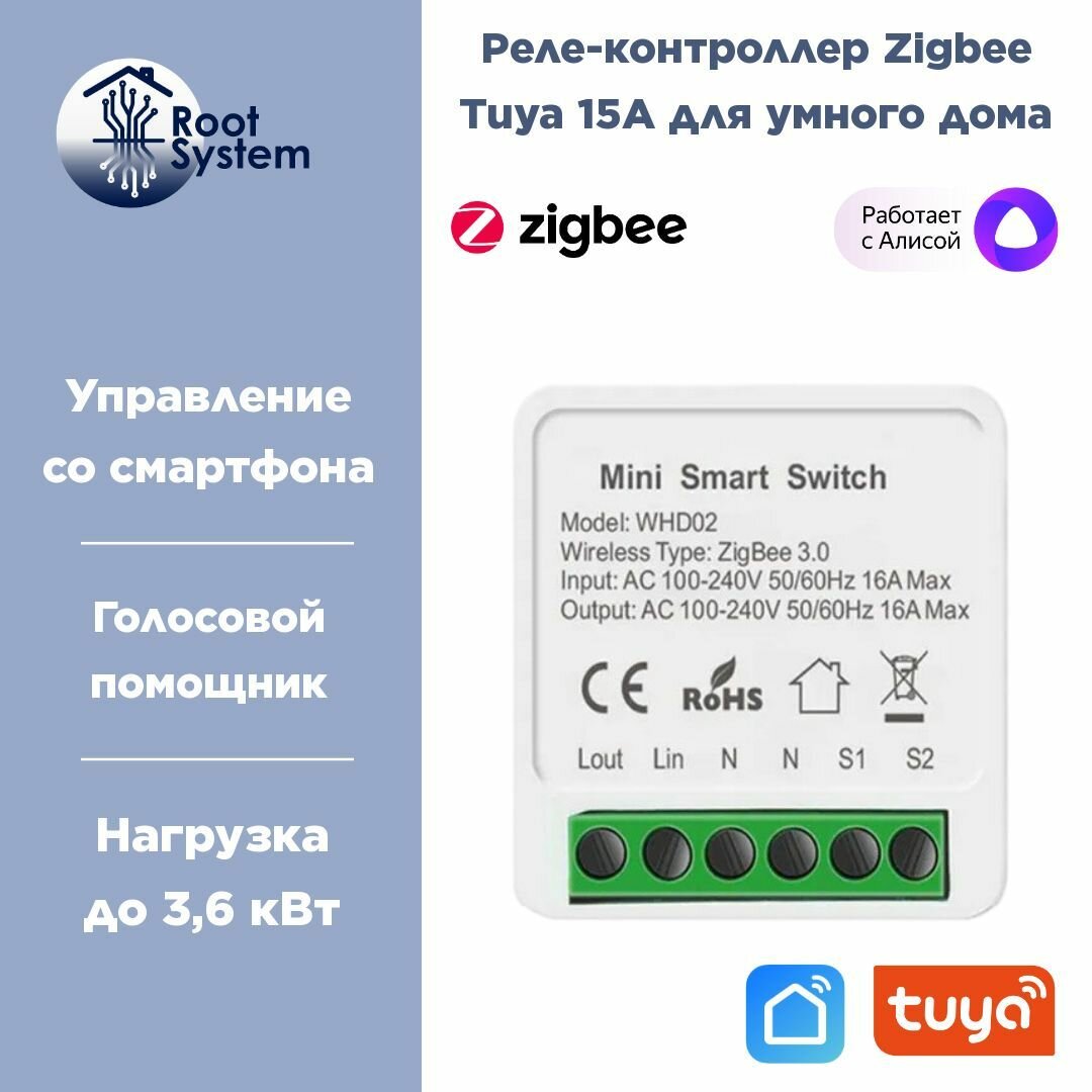 Умное реле контроллер Tuya Zigbee 16А модуль управления для умного дома с Алисой через шлюз ZigBee 1 канал проходной выключатель