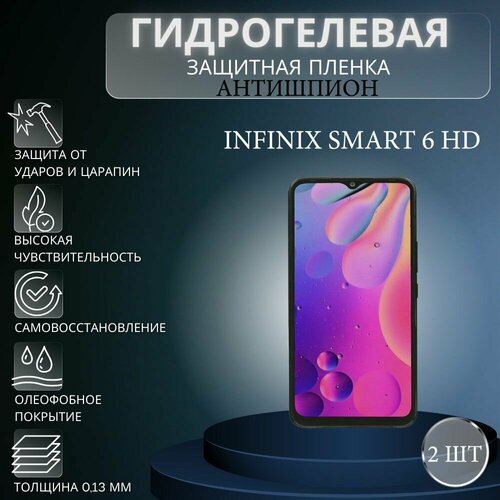 Комплект антишпион 2 шт. Гидрогелевая защитная пленка на экран телефона Infinix Smart 6 HD / Гидрогелевая пленка для инфиникс смарт 6 HD (матовая) гидрогелевая защитная пленка антишпион на экран телефона infinix smart 6 hd гидрогелевая пленка для инфиникс смарт 6 hd матовая