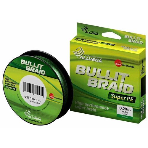 Плетеный шнур ALLVEGA BULLIT BRAID d=0.28 мм, 135 м, 21.3 кг, зеленый, 1 шт.