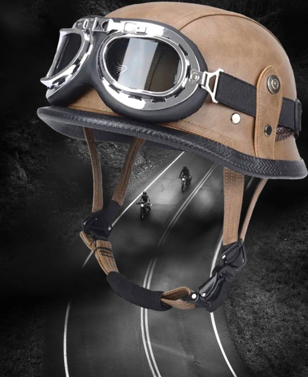 Шлем Мотоциклетный с очками / велошлем / мотошлем /каска для мотоцикла/байкерский шлем в стиле ретро размер XL коричневый