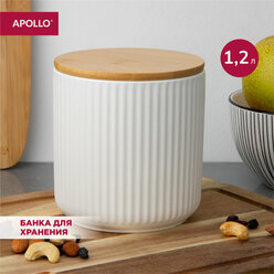 Банка для хранения сыпучих продуктов керамическая с деревянной бамбуковой крышкой объём 1,2л ,контейнер для крупы APOLLO "Ribb"