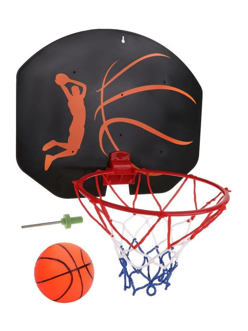 Набор для игры в баскетбол Наша Игрушка щит 35х29 см, кольцо 21,5 см, мяч 12 см, игла сталь, черно-оранжевый (2088-6H)