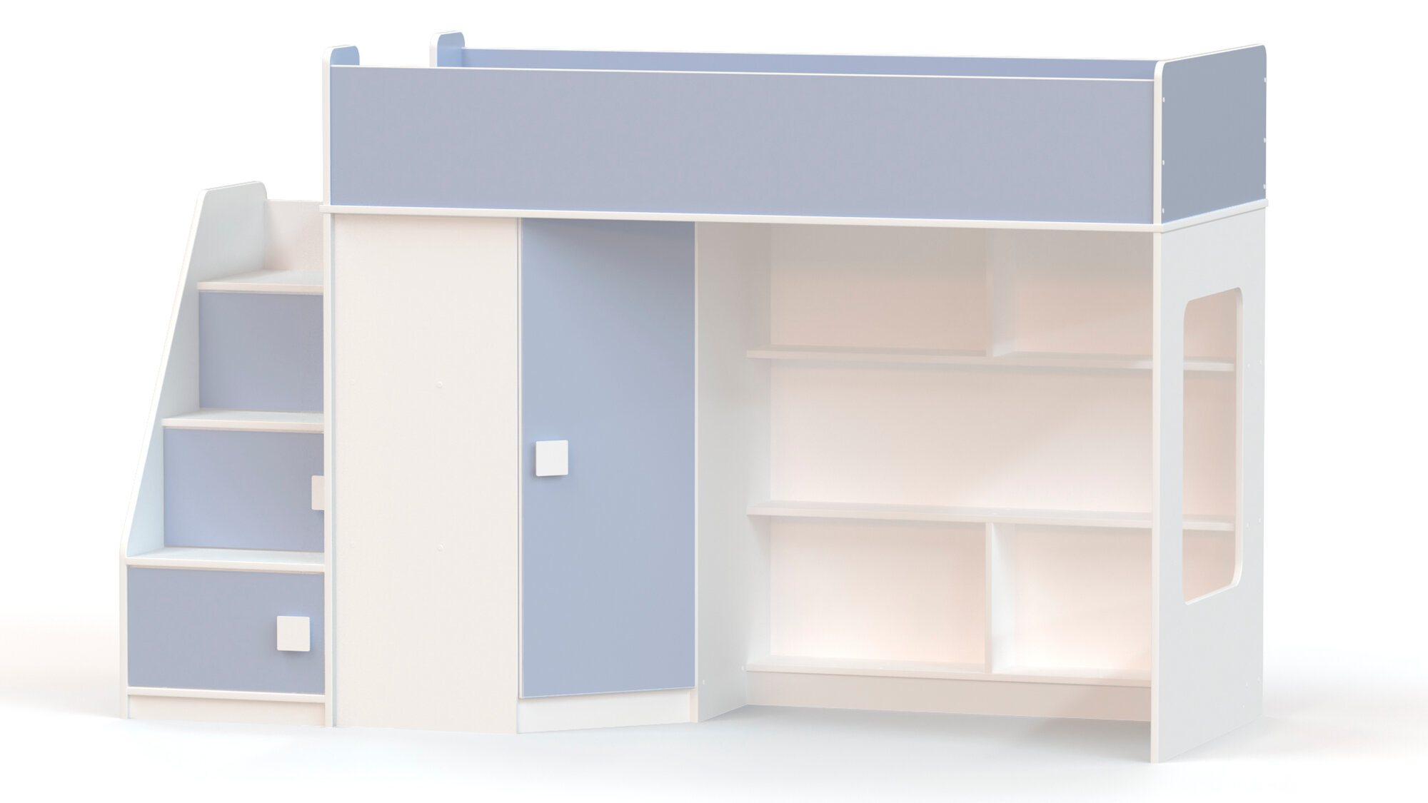 фото Кровать-чердак с угловым шкафом и угловой лестницей Ridgimmi 2.3 белый / голубой