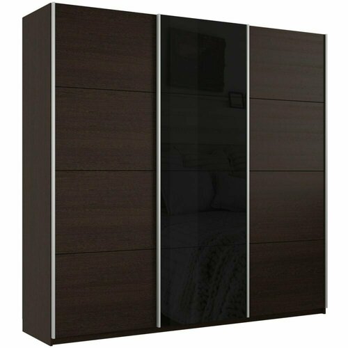 Шкаф купе для одежды с доводчиком и выдвижными ящиками, цвет Венге, 230х180х57 (ВхШхГ), три двери, ДСП/Черное Стекло/ДСП