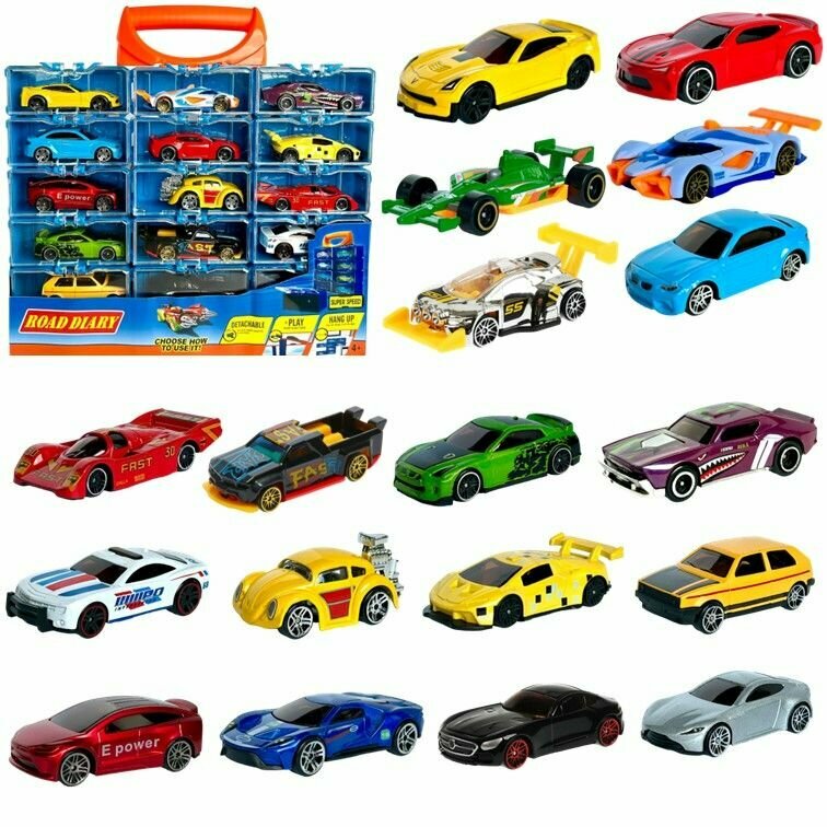 Набор машинок металлических в боксах гаражах 18 штук, игрушка детская для мальчика коллекционная модель в кейсах 1:64