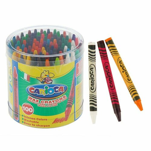 CARIOCA Мелки восковые 24 цвета 100 штук Carioca Wax Crayons яркие смываемые диаметр 8 мм для детских садов в пластиковом боксе 2114₽
