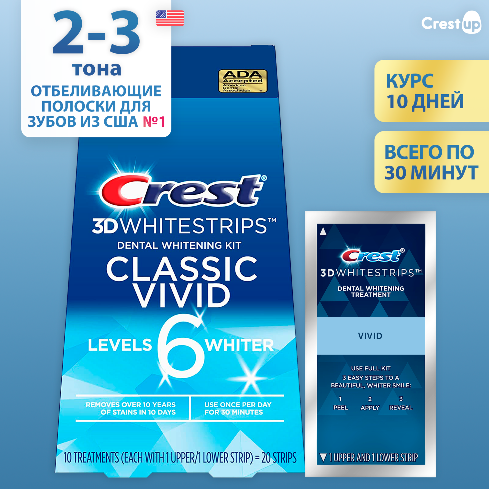 Курс 10 дней | Crest 3D Whitestrips Classic Vivid – Отбеливающие полоски для зубов