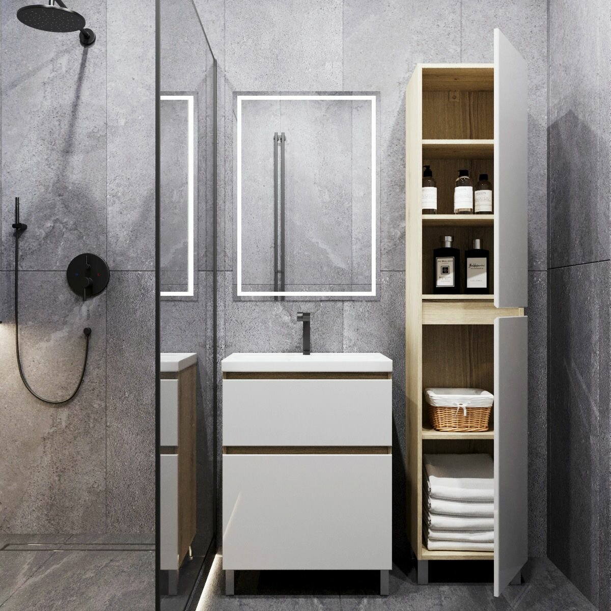 Тумба с раковиной в ванную, FAURAplus Аврора (Оливия) 60-2, напольная, фасад белый, глянцевый, раковина Classica. — фото 1