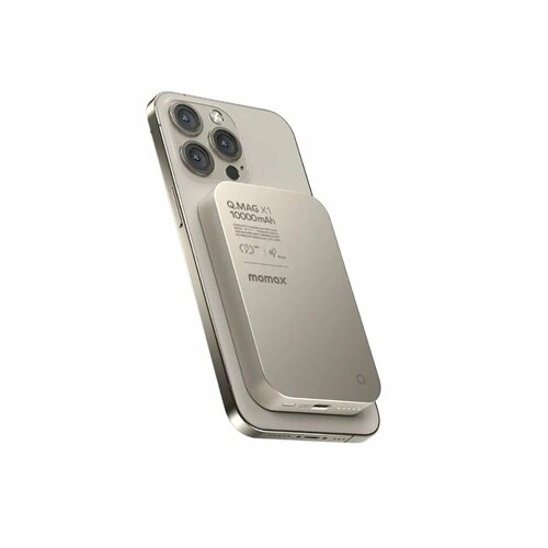 Внешний магнитный аккумулятор с беспроводной зарядкой Momax Q.MAG X1 Ultra Slim 13 mm, 10000 mAh, Qi 15W / PD20W, Natural Titanium бежевый, серый, серебристый, титан