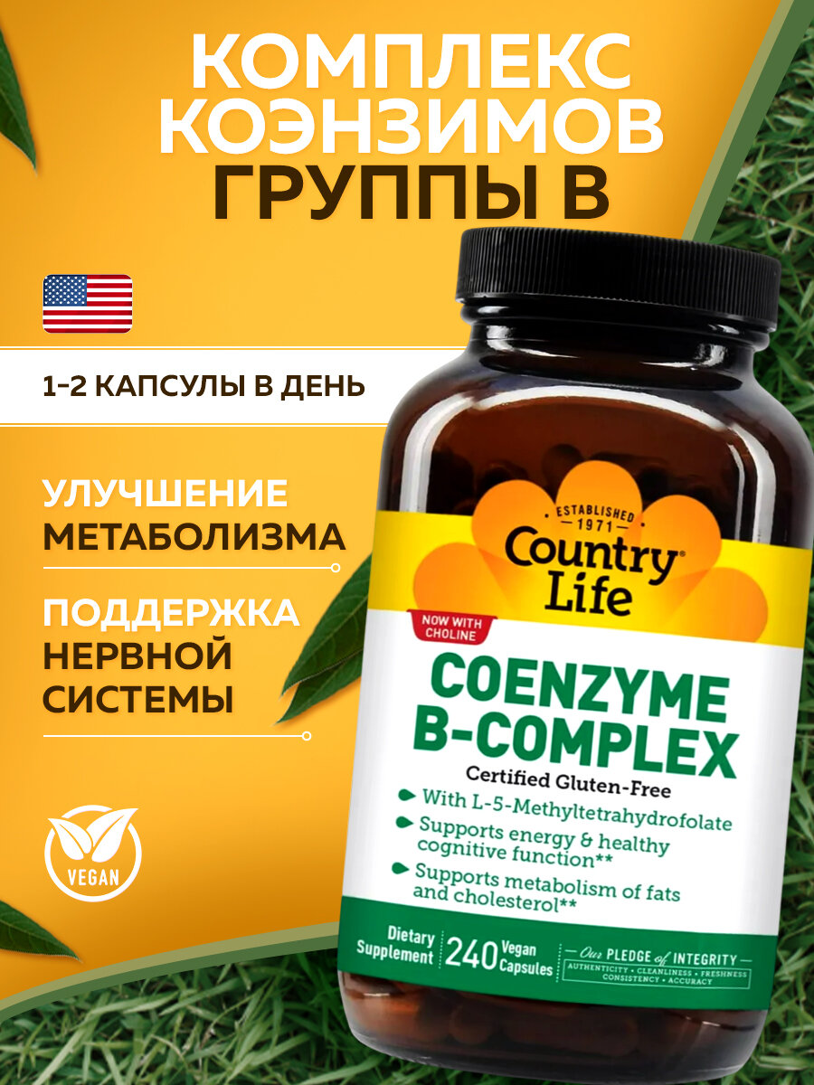 Комплекс Country Life Coenzyme B-Complex, без вкуса, для бодрости, 240 капсул