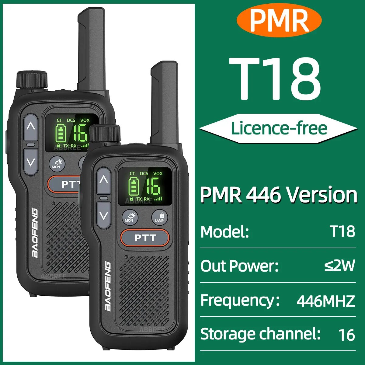 2 шт. Baofeng BF-T18 Mini Dual PTT рация портативный фонарик FRS PMR поддержка зарядное устройство типа C NOAA для охоты и кемпинга, Black PMR