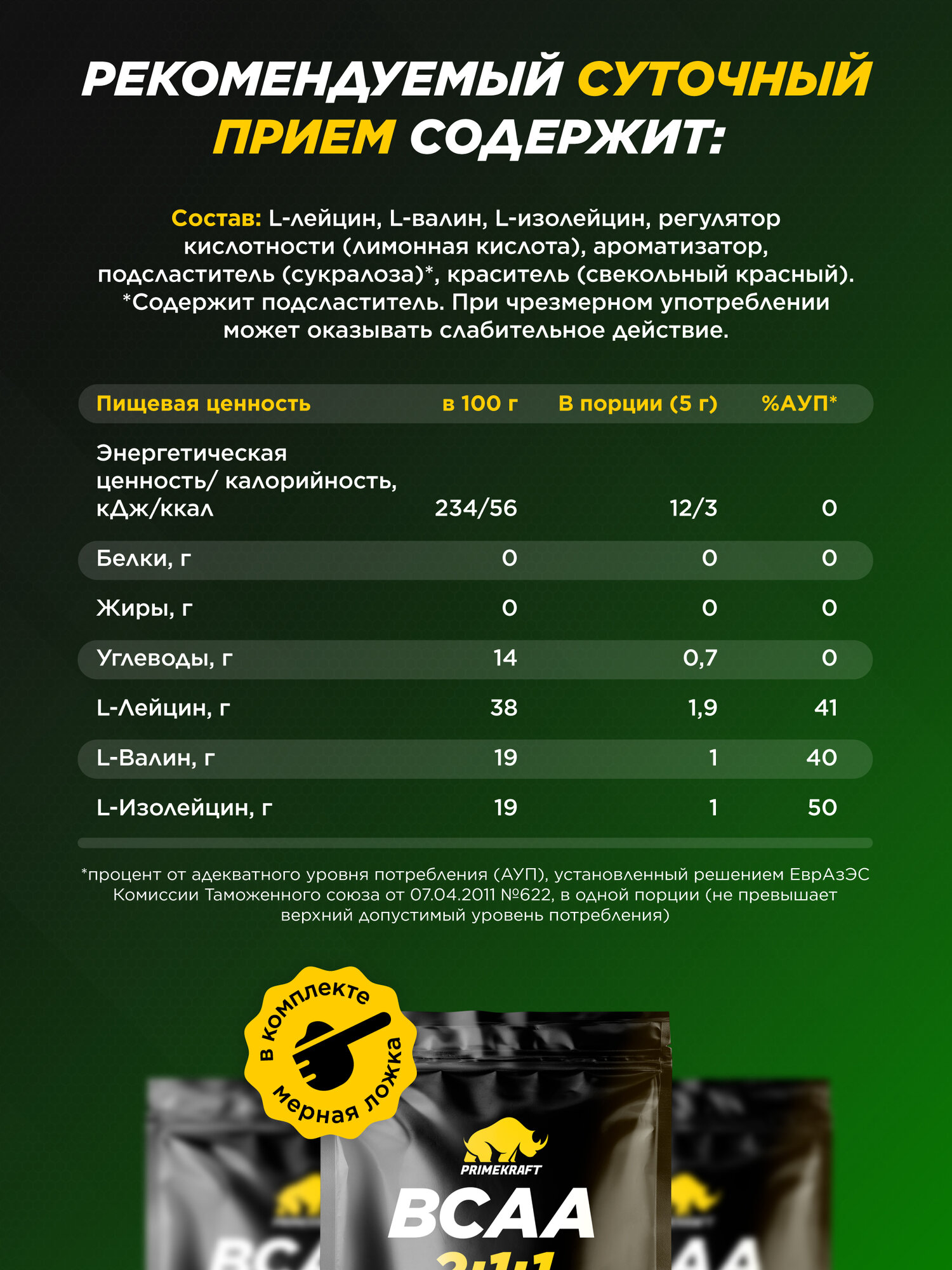 Аминокислоты PRIMEKRAFT BCAA 2:1:1 (БЦАА) Арбуз, 500 г / 100 порций — фото 1