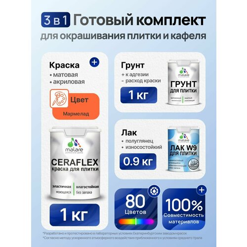 фото Комплект malare для окрашивания плитки и кафеля (1кг грунт + 1кг краска + 0,9кг лак), без запаха, полуглянцевый, цвет мармелад