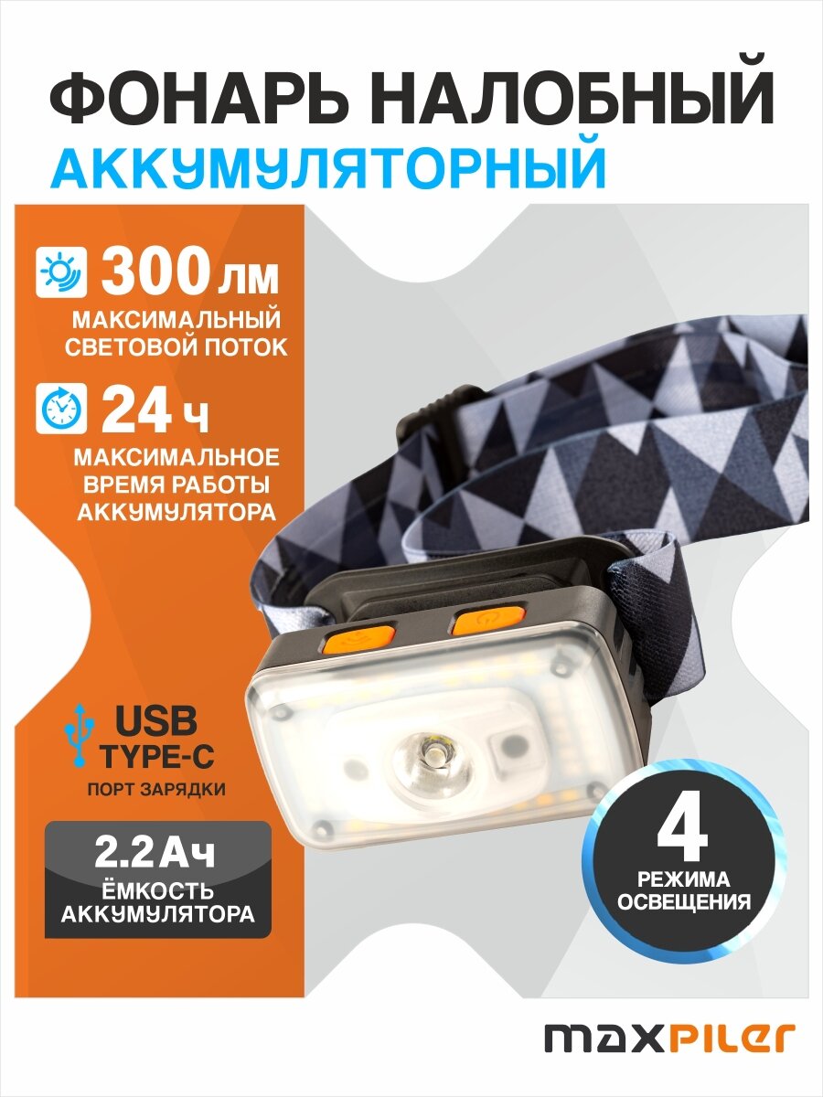 Фонарь налобный аккумуляторный MAXPILER MHF-03